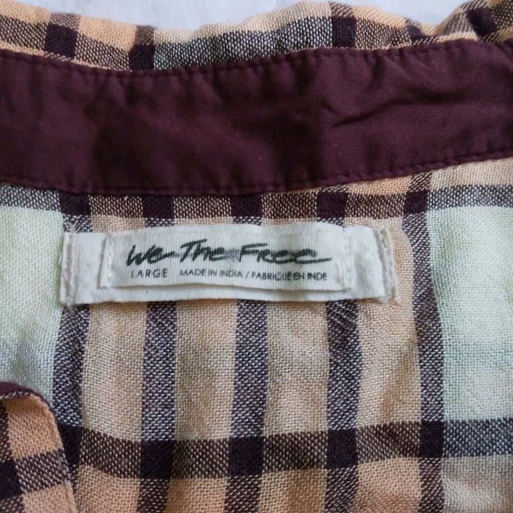 We The Free Pacific Dawn Peach Brown Plaid Button Down Top Boho Women's Shirt L - Picture 7 of 12
